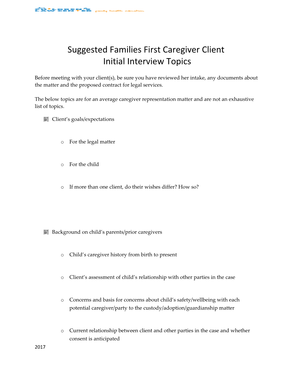 Suggested Families First Caregiver Client