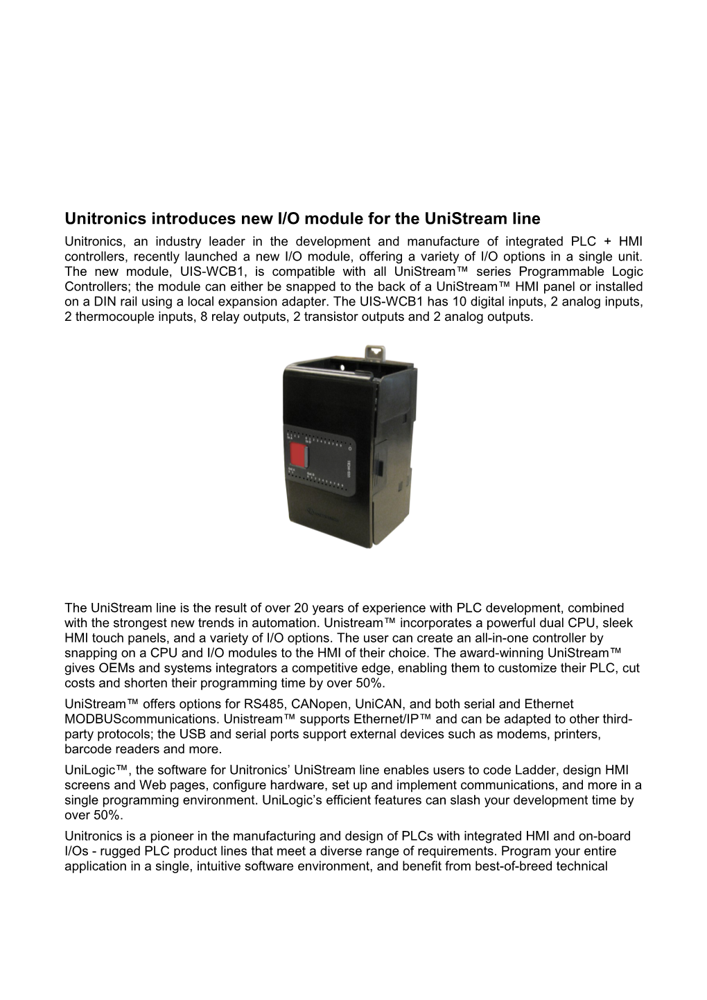 Unitronics Introduces New I/O Module for the Unistream Line