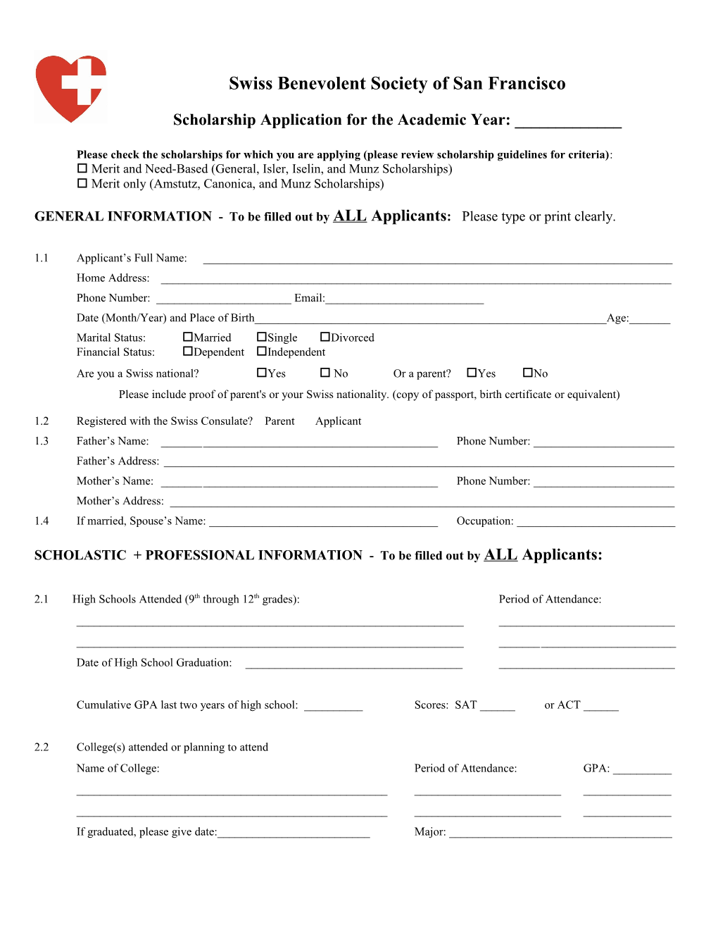 SBS Scholarship Application