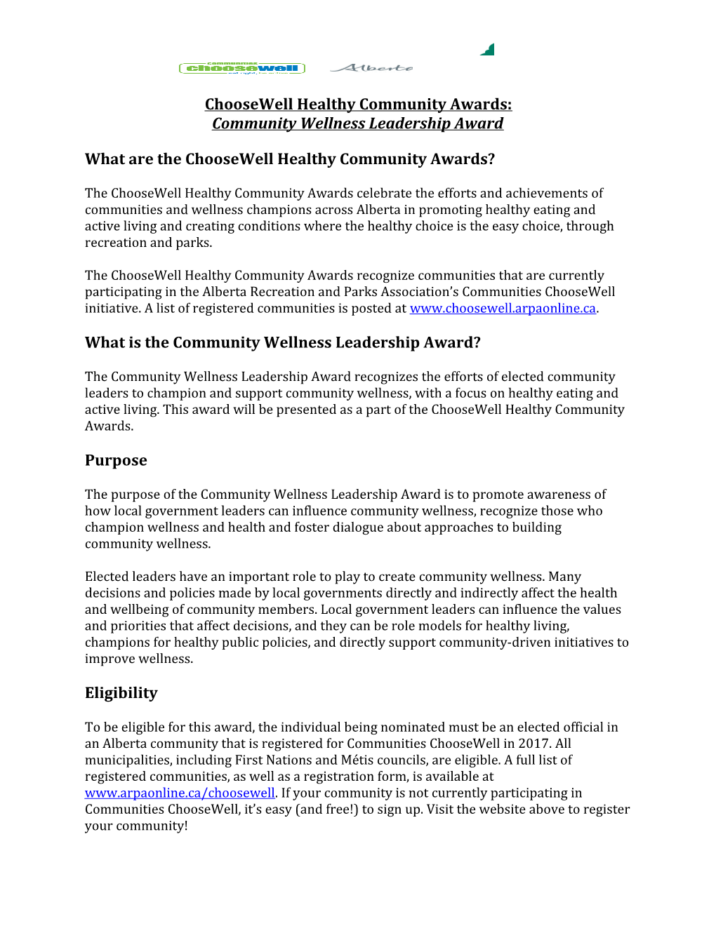Choosewell Healthy Community Awards