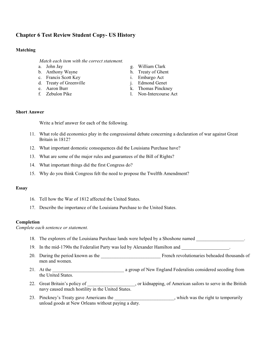 Chapter 6 Test Review Student Copy- US History