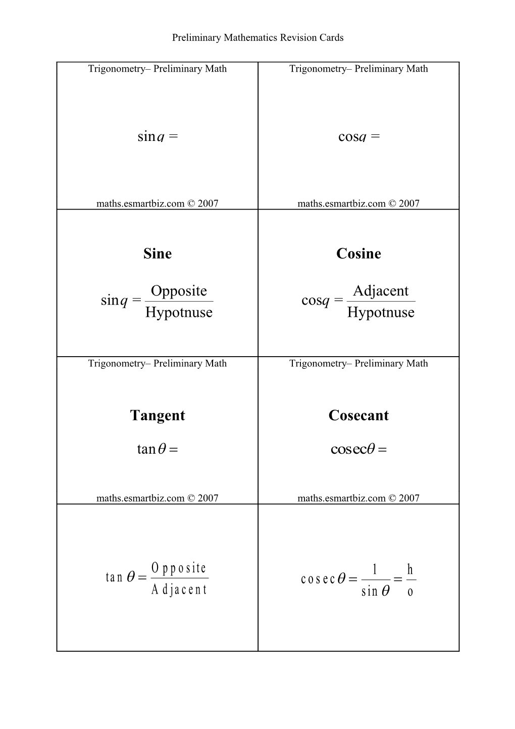 Preliminary Mathematics Revision Cards