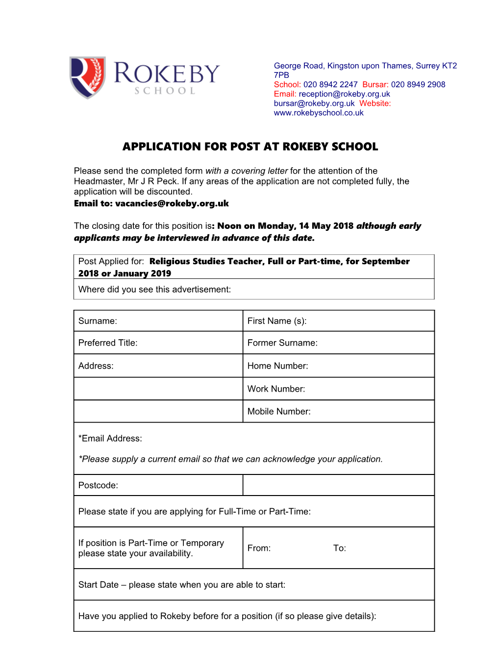 Application for Post at Rokeby School