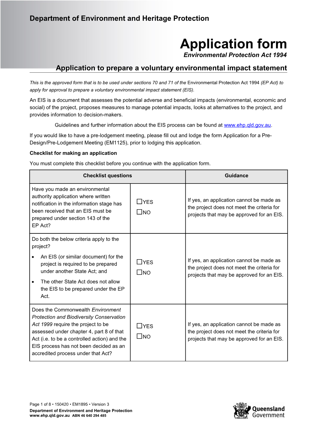 Application to Prepare a Voluntary Environmental Impact Statement EM1895