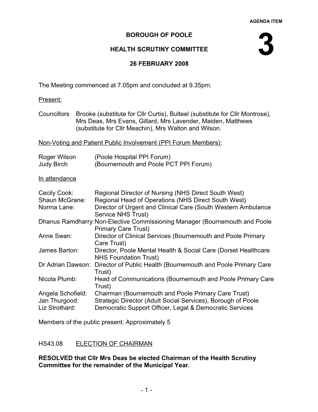 Minutes - Health Scrutiny Committee - 26 February 2008