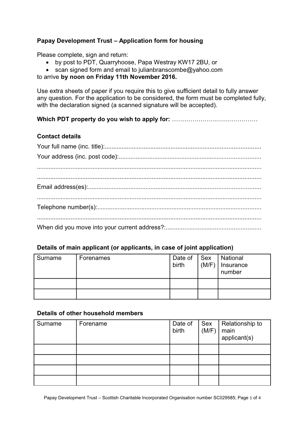 Papay Development Trust Application Form for Housing