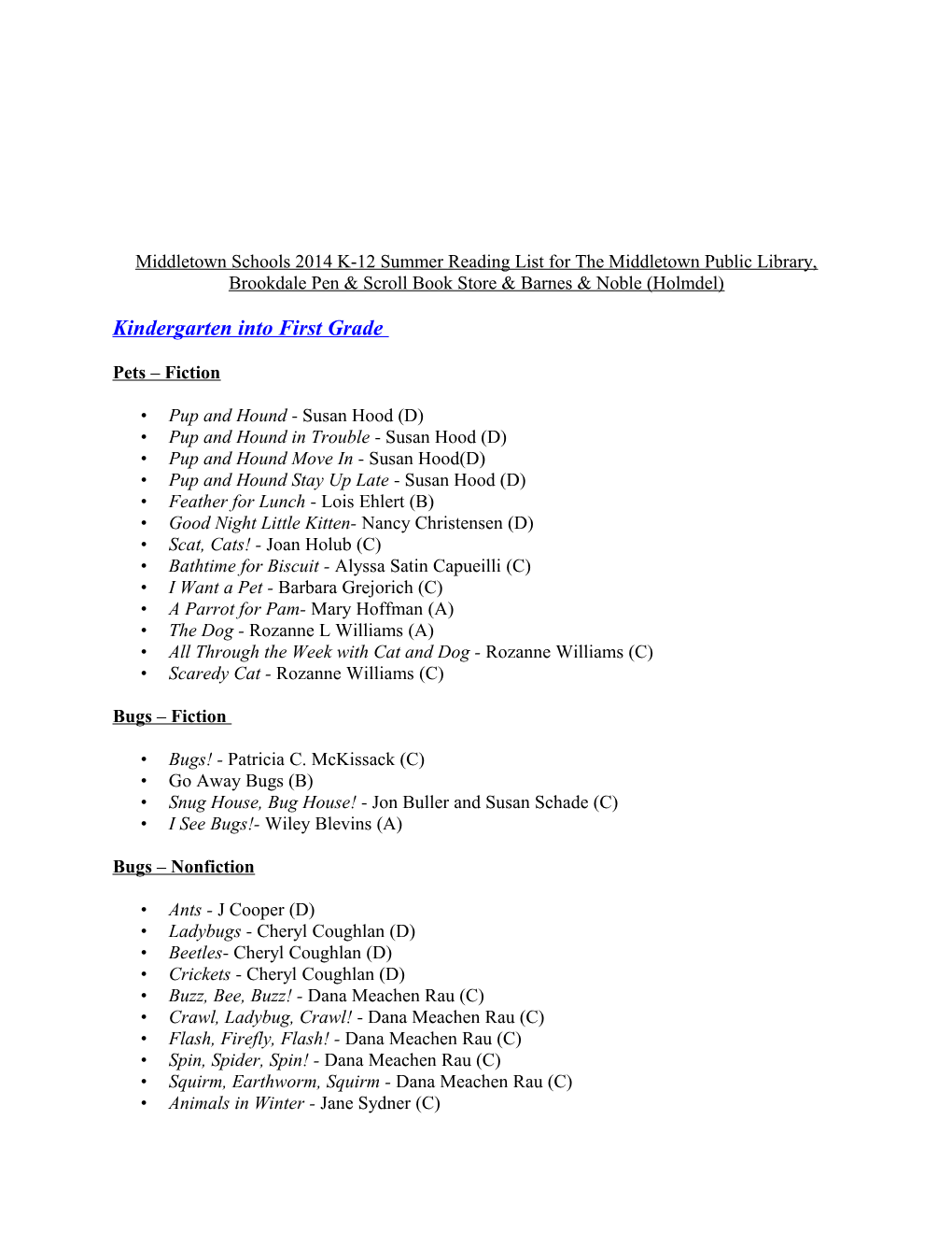 Middletown Schools 2014 K-12 Summer Reading List
