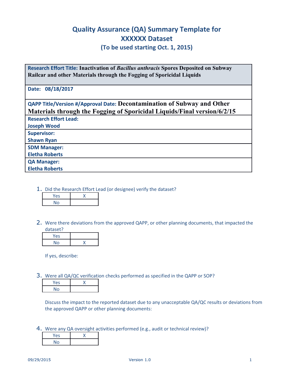 Quality Assurance (QA) Summary Template For