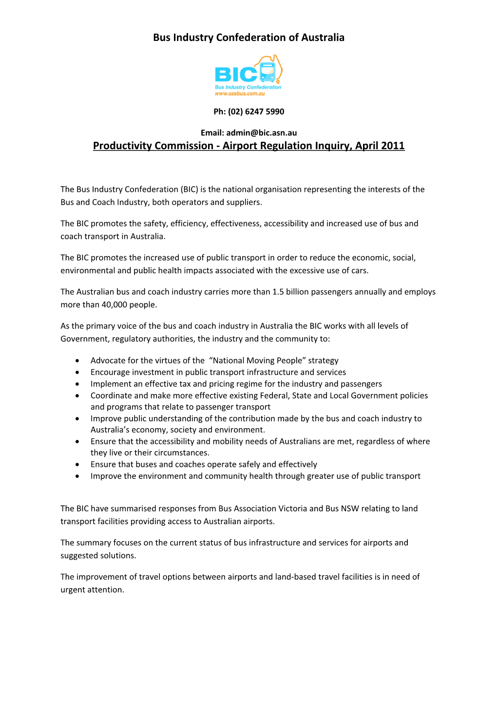 Submission 45 - Bus Industry Confederation of Australia - Economic Regulation of Airport