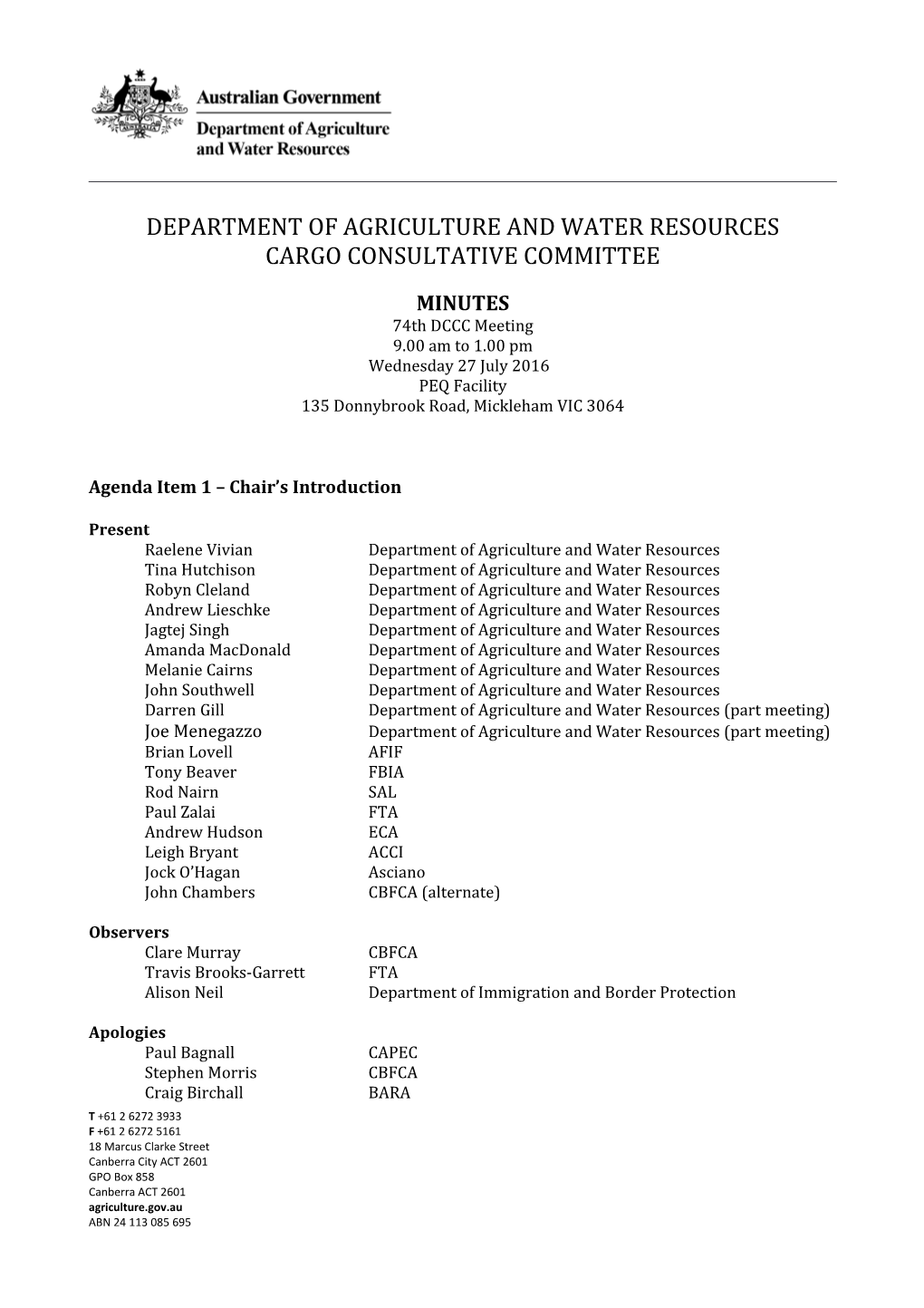 Department of Agriculture and Water Resources Cargo Consultative Committee Minutes 74Th