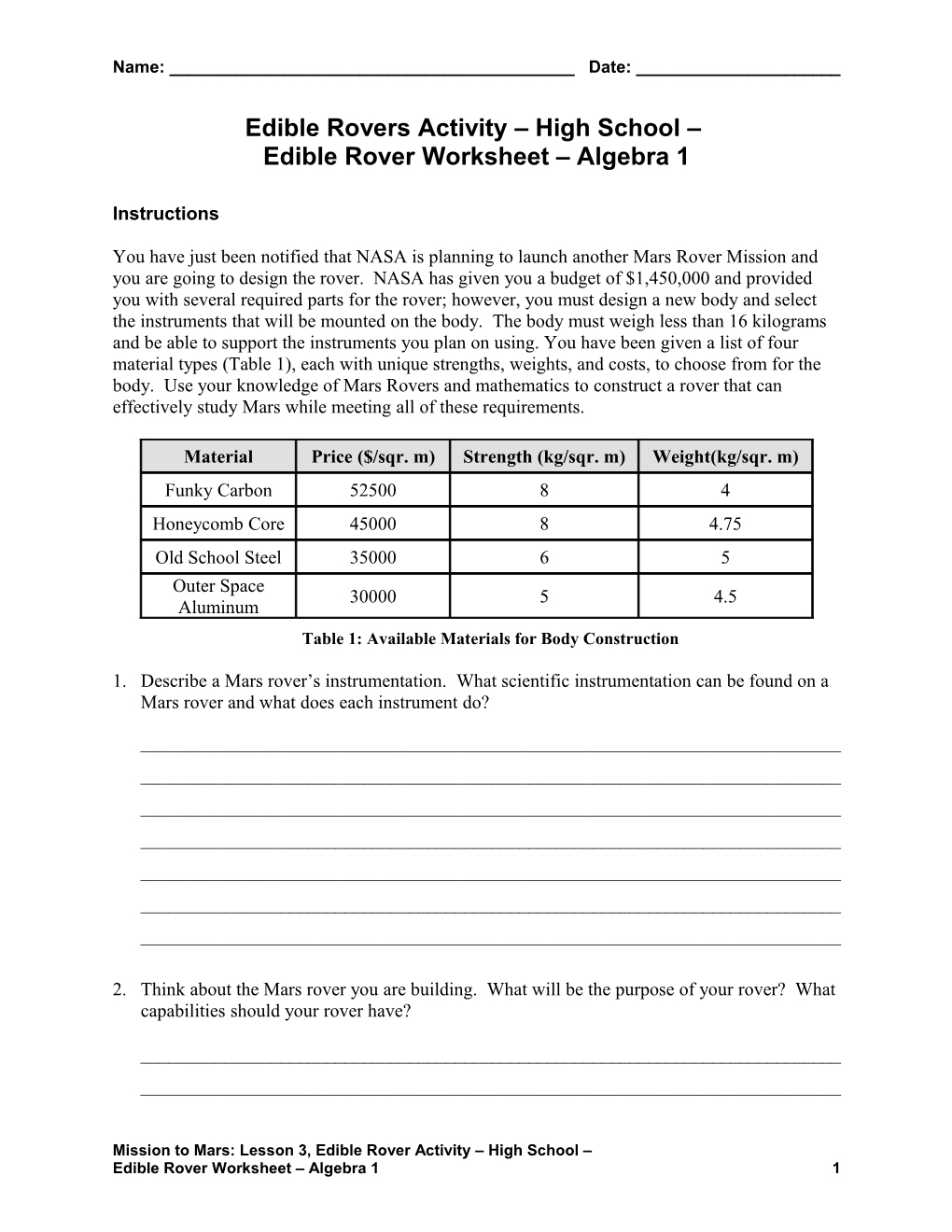 Edible Rover Worksheet Algebra 1