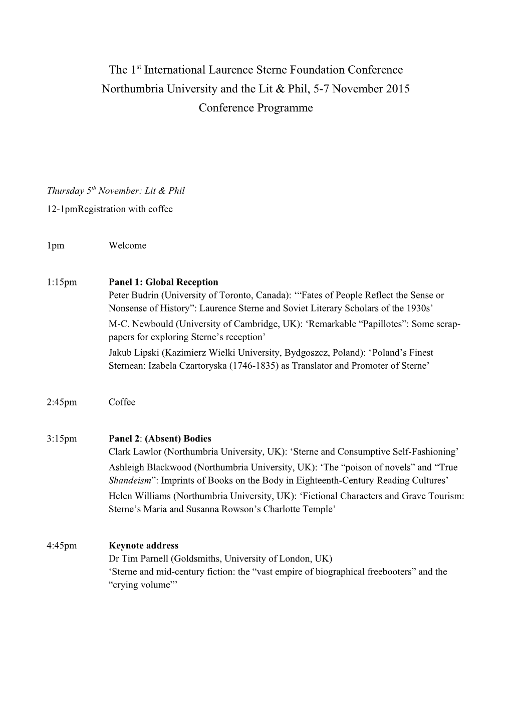 The 1Stinternational Laurence Sterne Foundation Conference