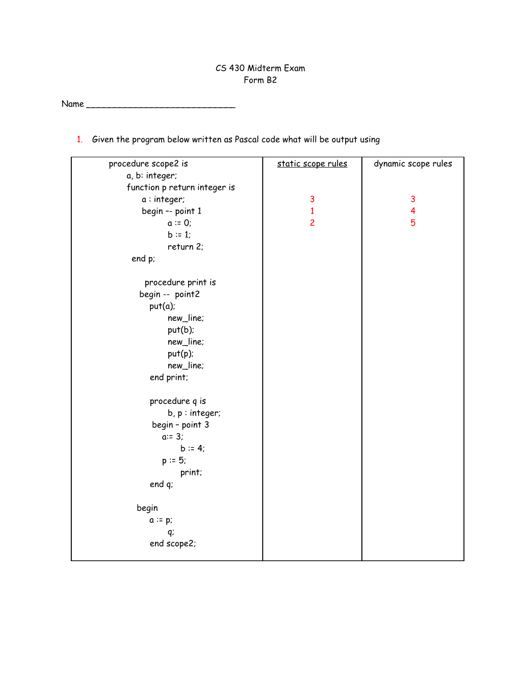 CS 430 Midterm Exam