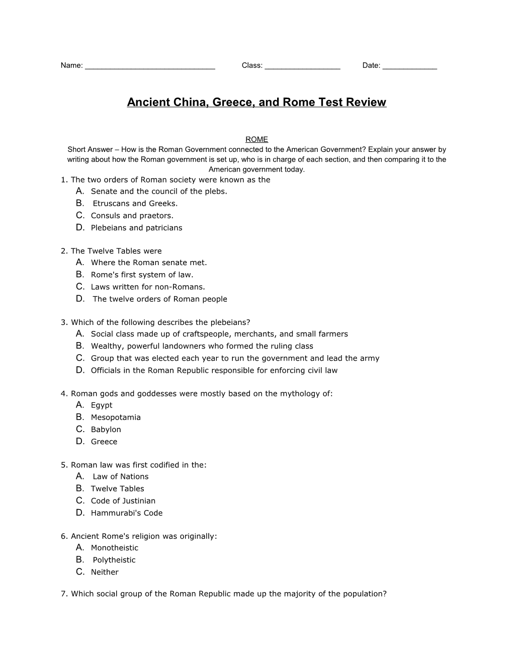 Ancient China, Greece, and Rome Test Review