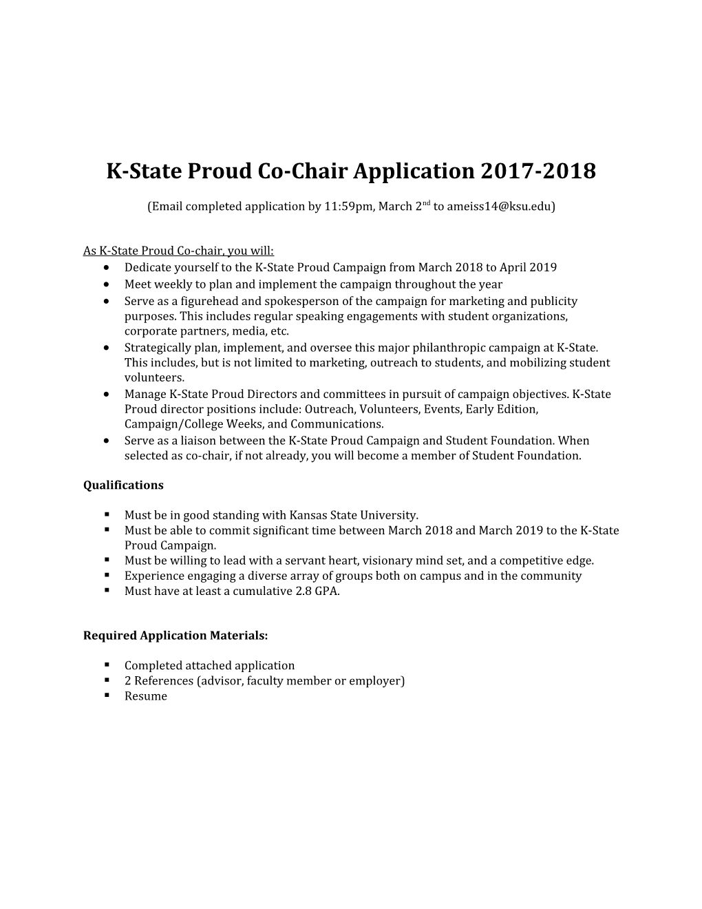 K-State Proud Co-Chair Application 2017-2018