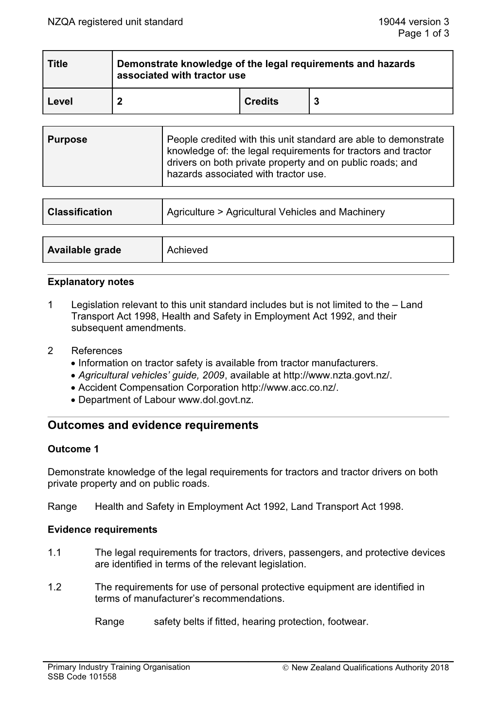 19044 Demonstrate Knowledge of the Legal Requirements and Hazards Associated with Tractor Use