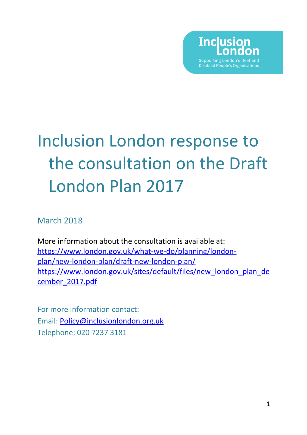 Inclusion London Response to the Consultation on the Draft London Plan 2017