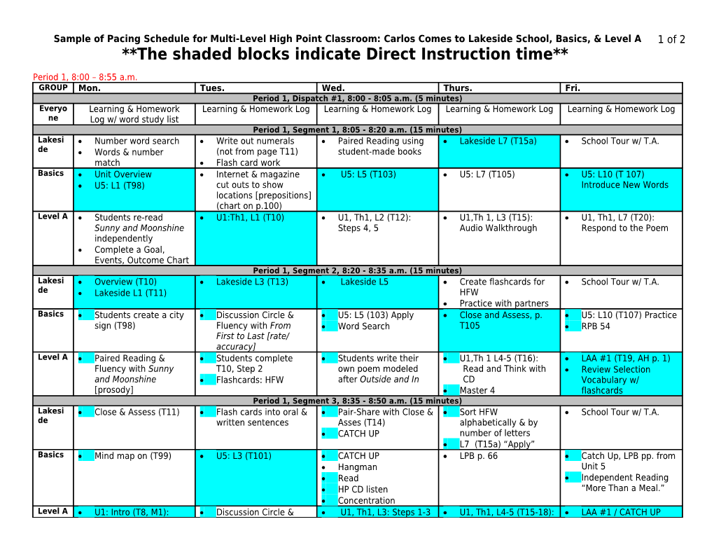 Sample of Pacing Schedule for Multi-Level High Point Classroom
