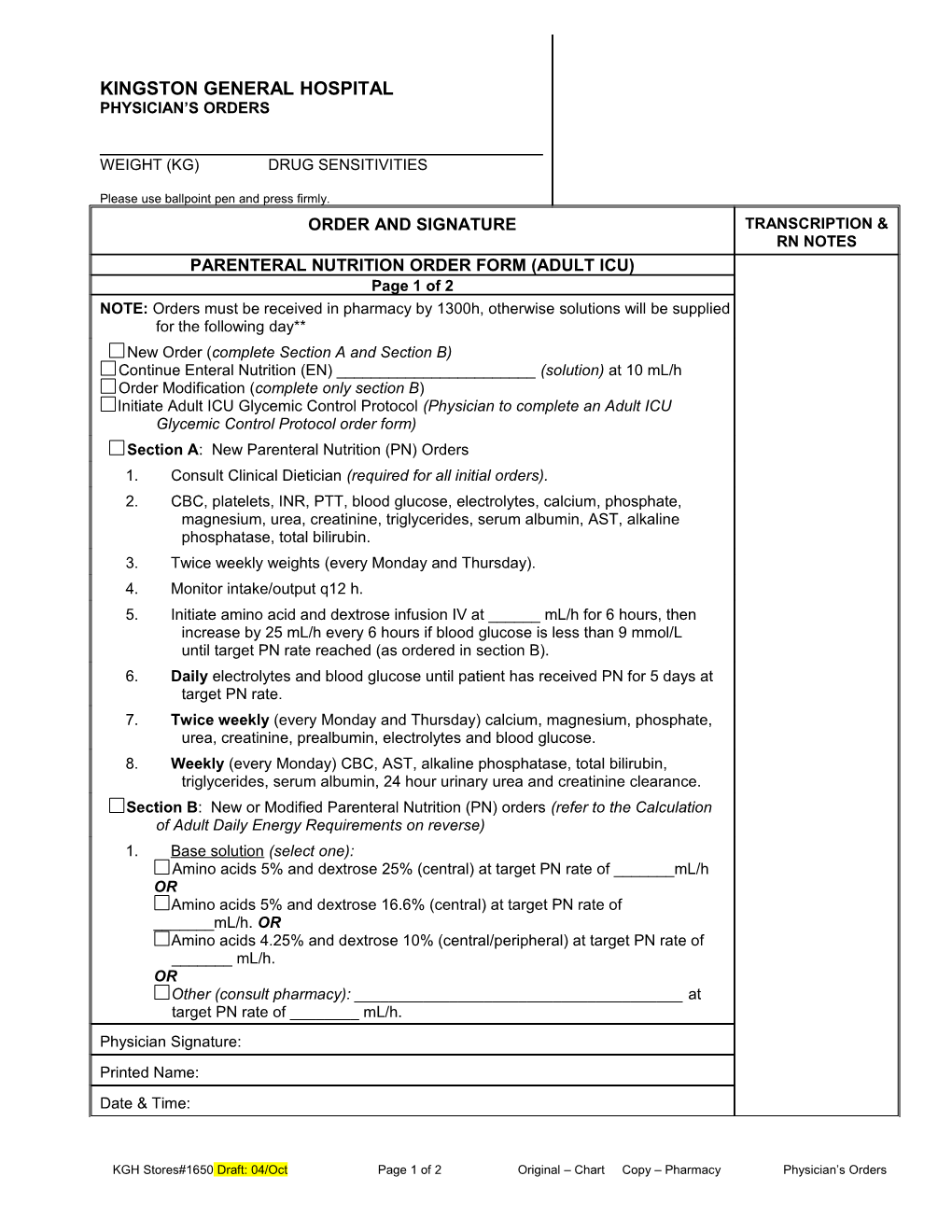 Parenteral Nutrition Order Form (Adult Icu)