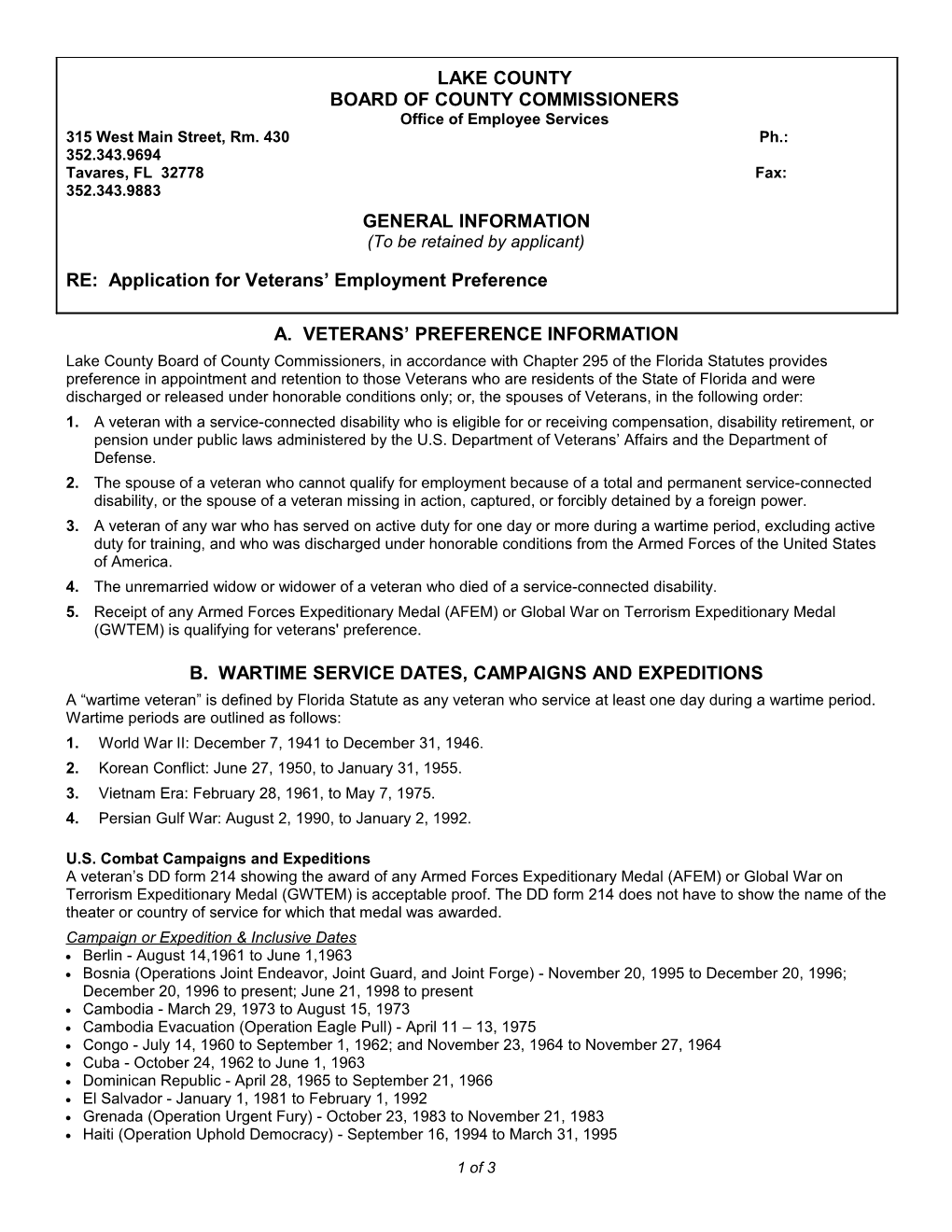 Veterans' Preference Information/Instructions
