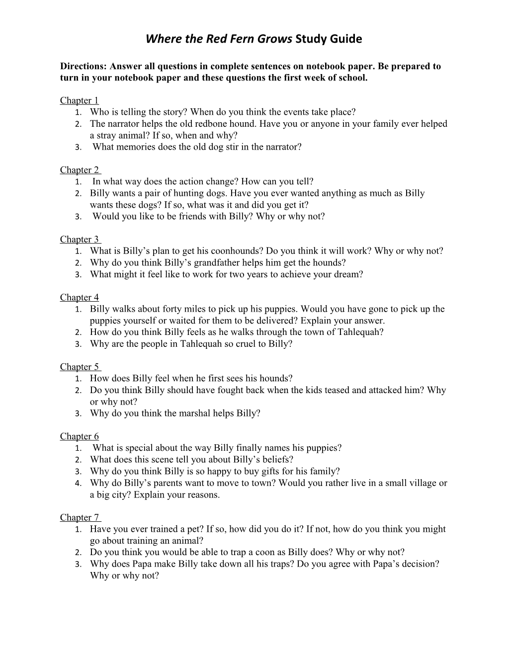 Where the Red Fern Grows Study Guide