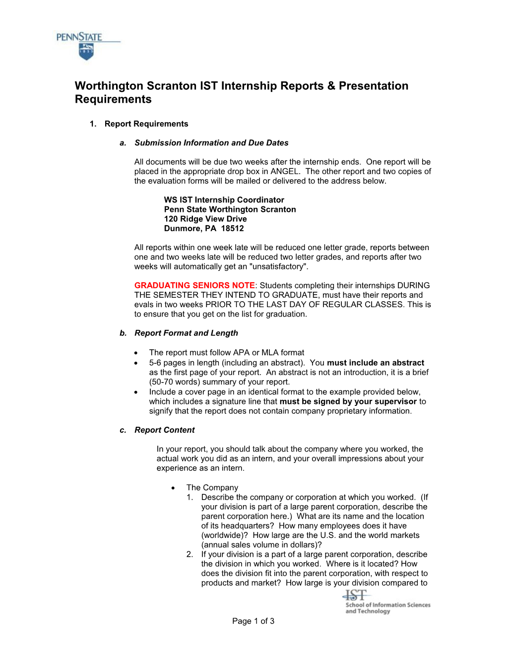 Worthington Scranton IST Internship Reports Requirements