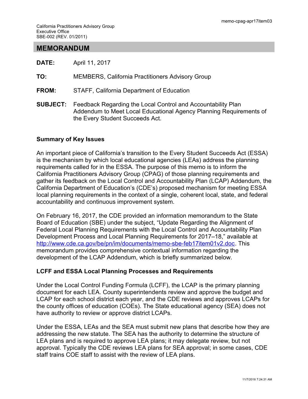 April 2017 Memorandum CPAG Item 03 - Information Memorandum (CA State Board of Education)