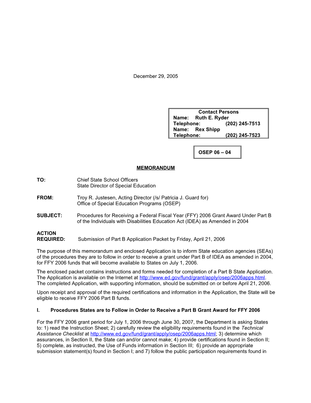 Memorandum to State Director of Special Education; Procedures for Receiving 2006 Part B