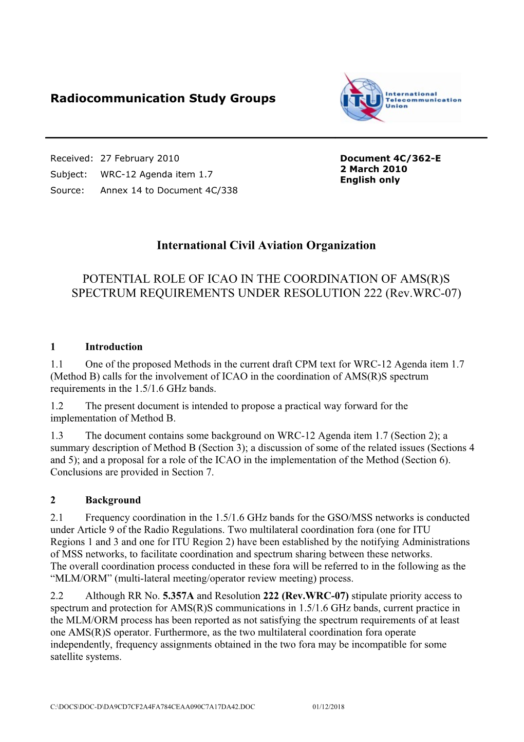 Potential Role of Icao in the Coordination of Ams(R)S Spectrum Requirements Under Resolution