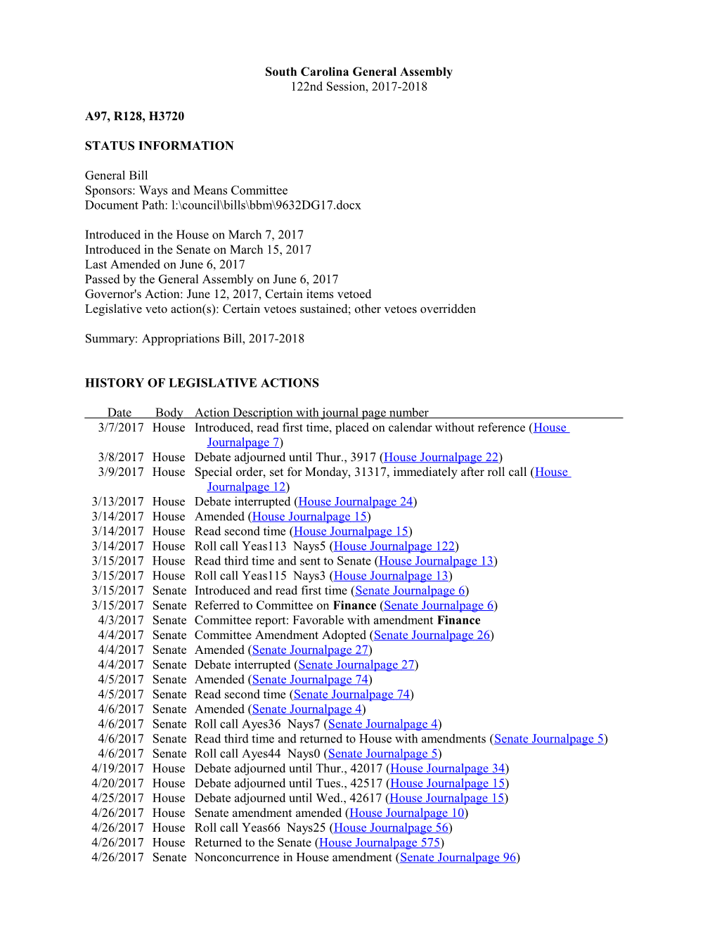 2017-2018 Bill 3720: Appropriations Bill, 2017-2018 - South Carolina Legislature Online