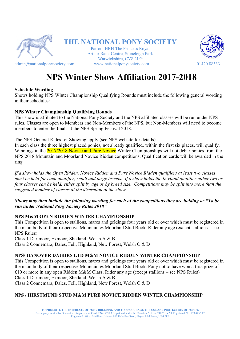 NPS Winter Show Affiliation 2017-2018
