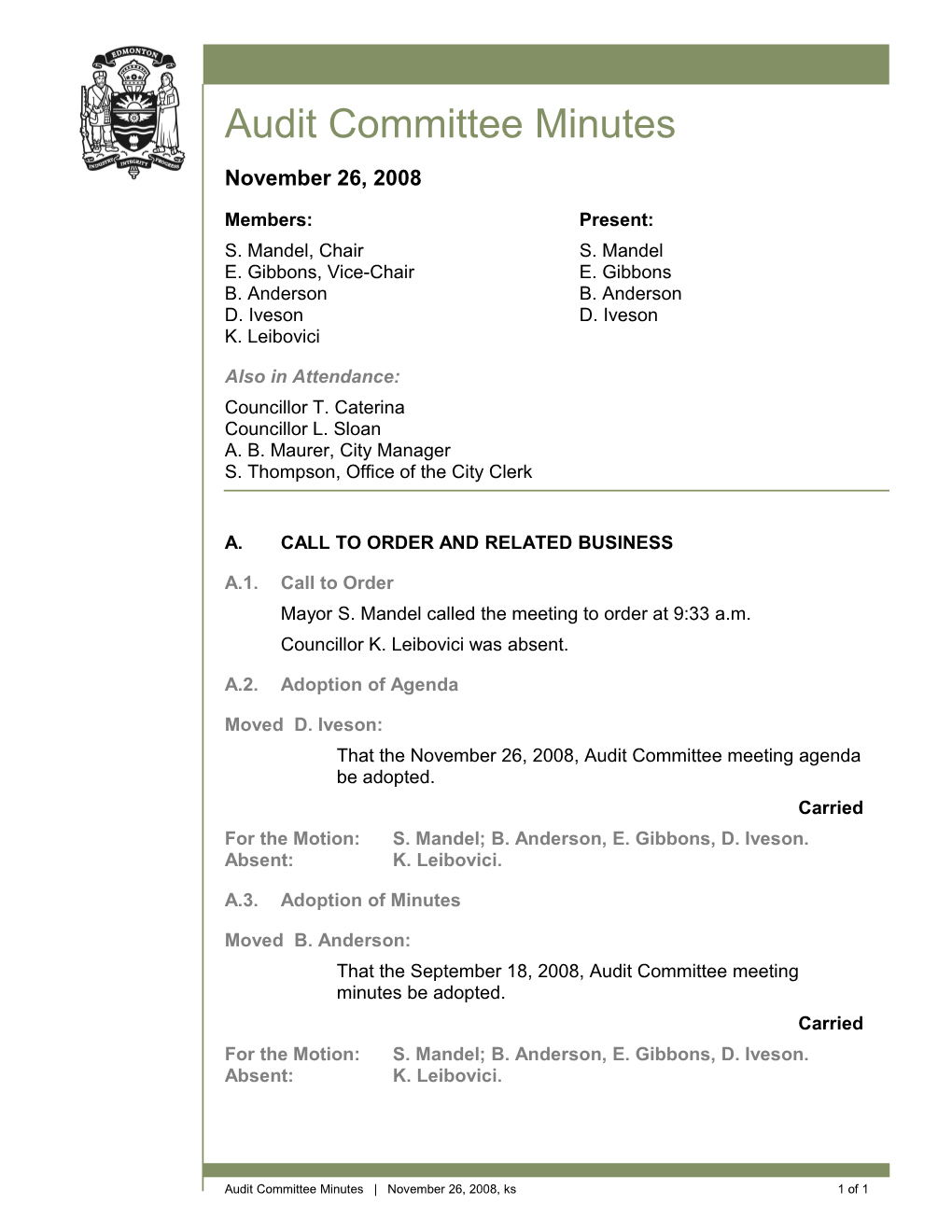 Minutes for Audit Committee November 26, 2008 Meeting