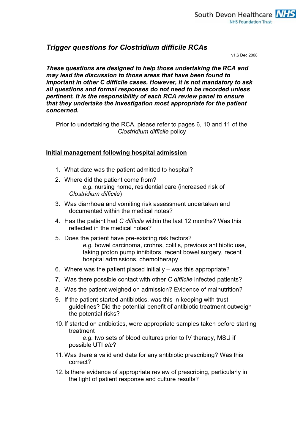 Appendix 1: Trigger Questions for Clostridium Difficile Rcas