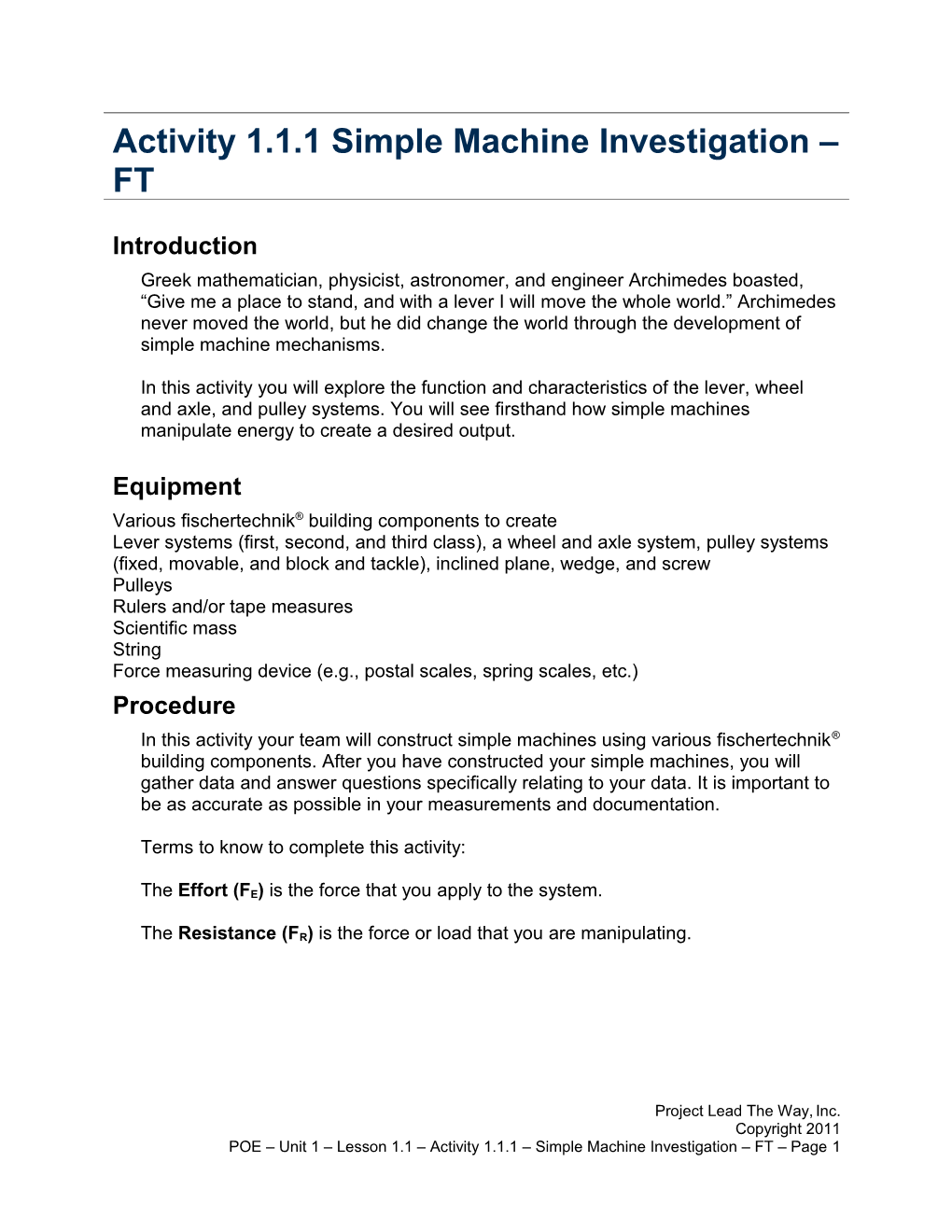 Activity 1.1.1 Simple Machine Investigation FT