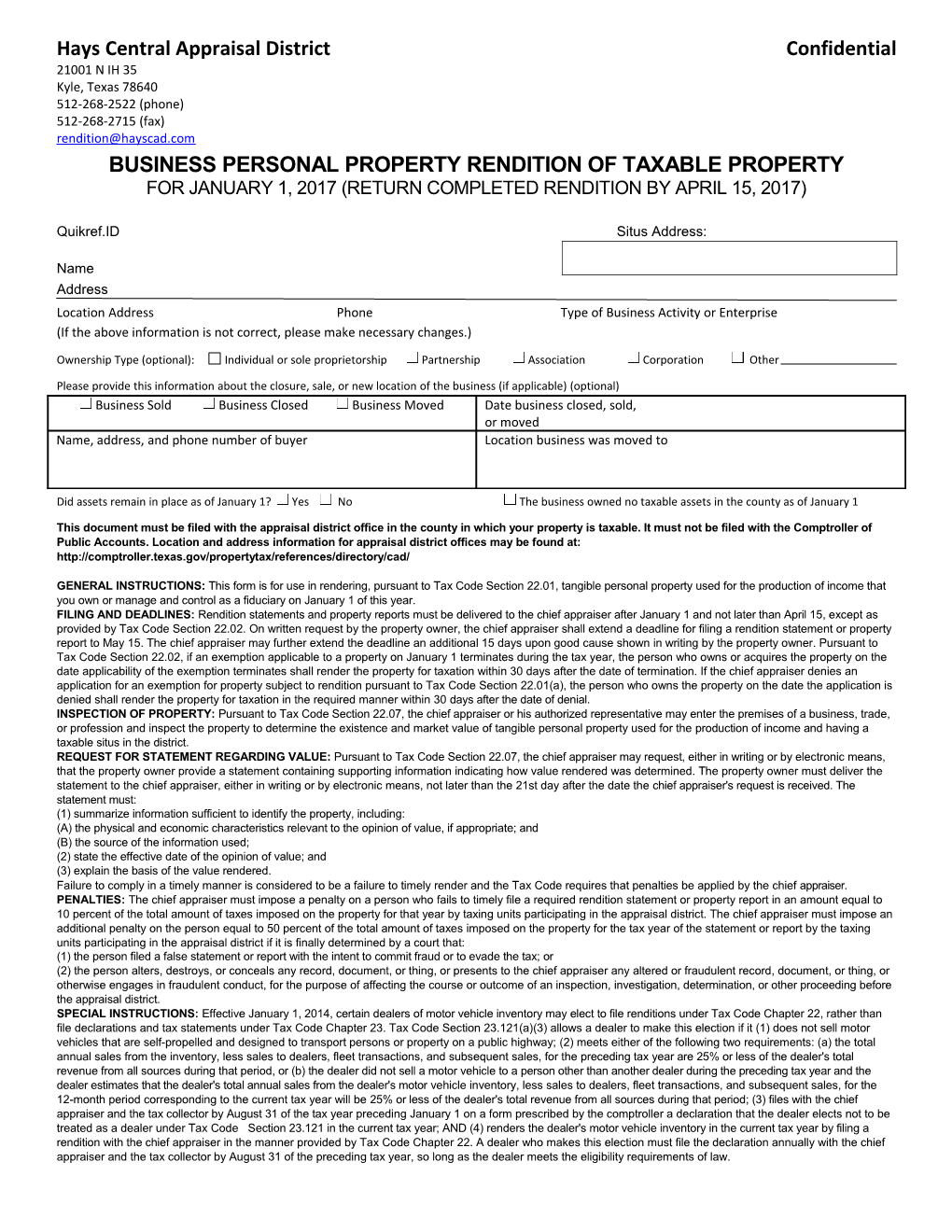 Business Personal Property Rendition of Taxable Property