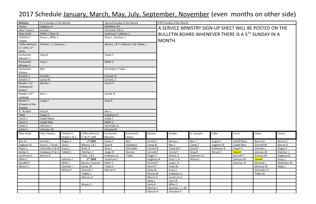 2017 Schedule January, March, May, July, September, November (Even Months on Other Side)