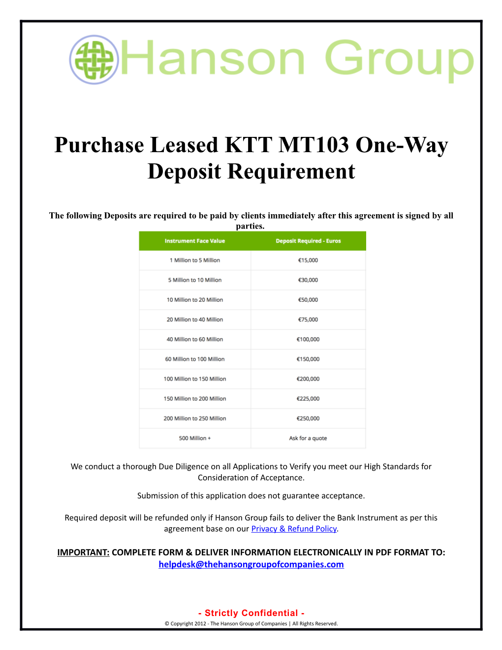 Purchase Leased KTT MT103 One-Way Deposit Requirement