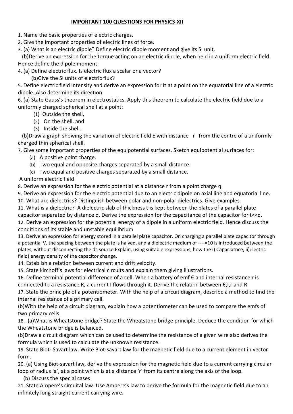 Important 100 Questions for Physics-Xii