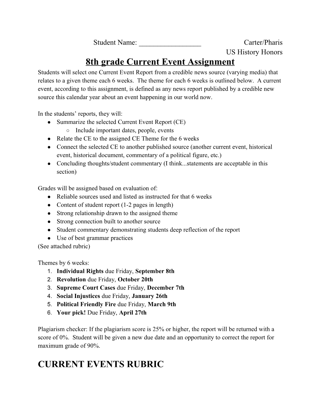 8Th Grade Current Event Assignment