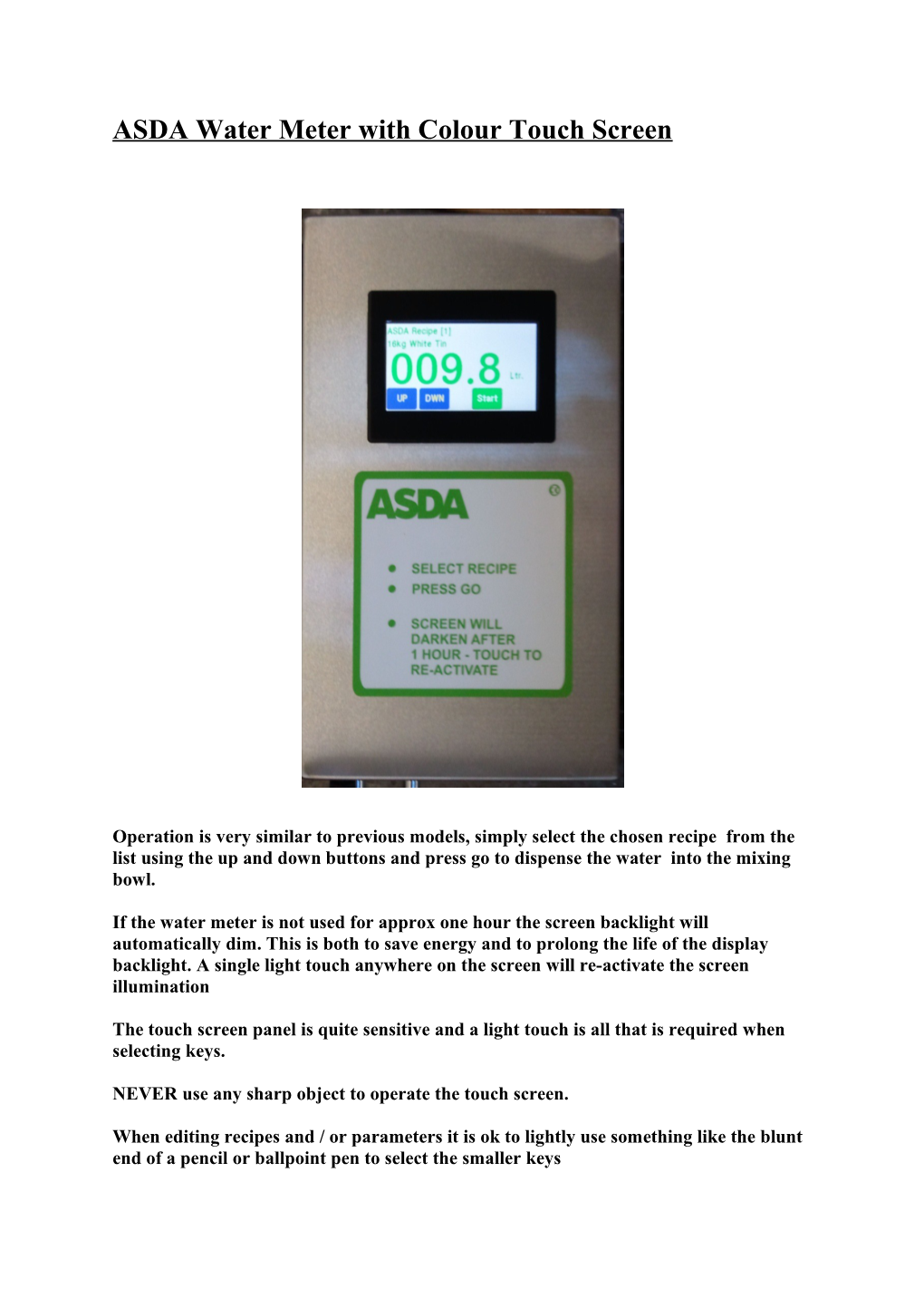 ASDA Water Meter with Colour Touch Screen