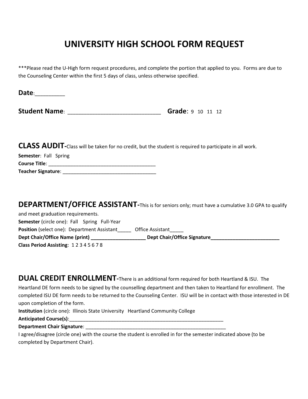 University High School Form Request