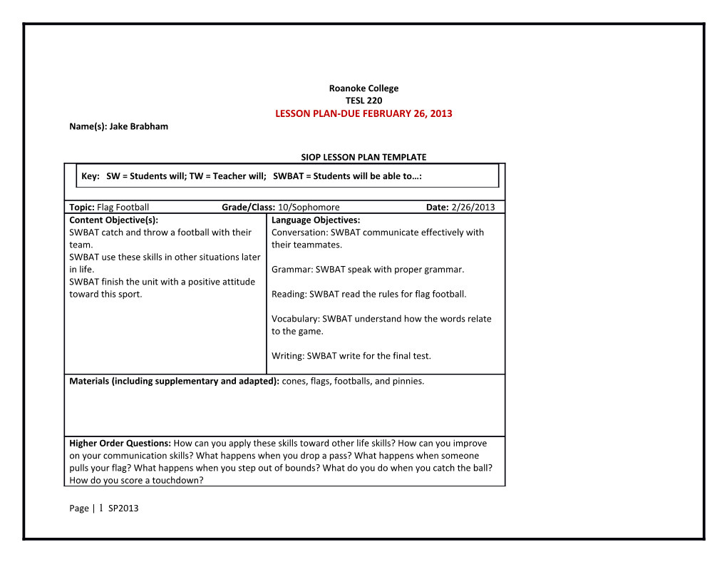 Lesson Plan-Due February 26, 2013