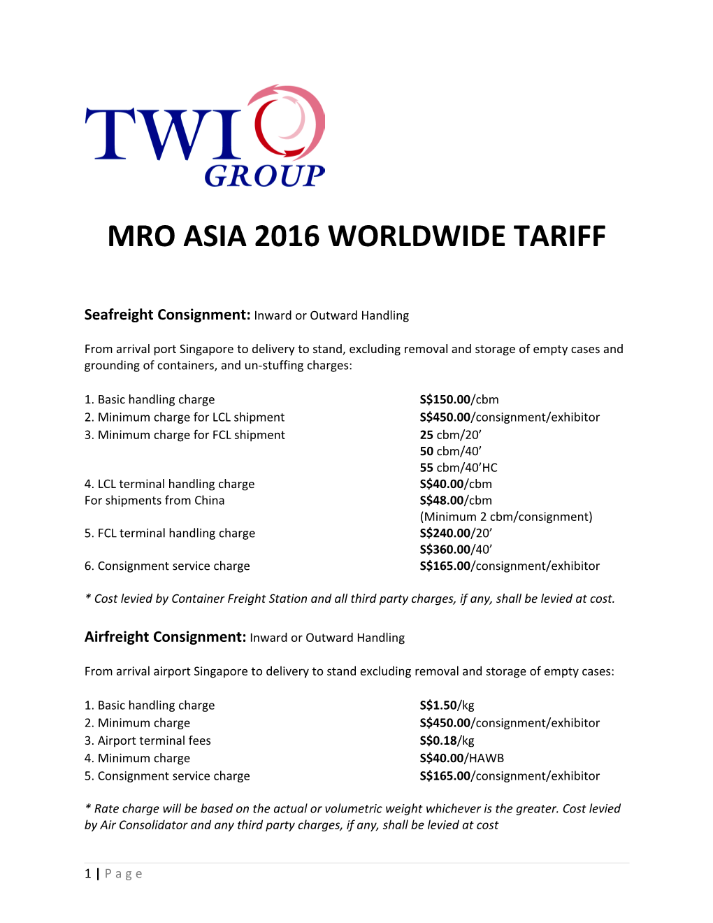 Mro Asia 2016 Worldwide Tariff