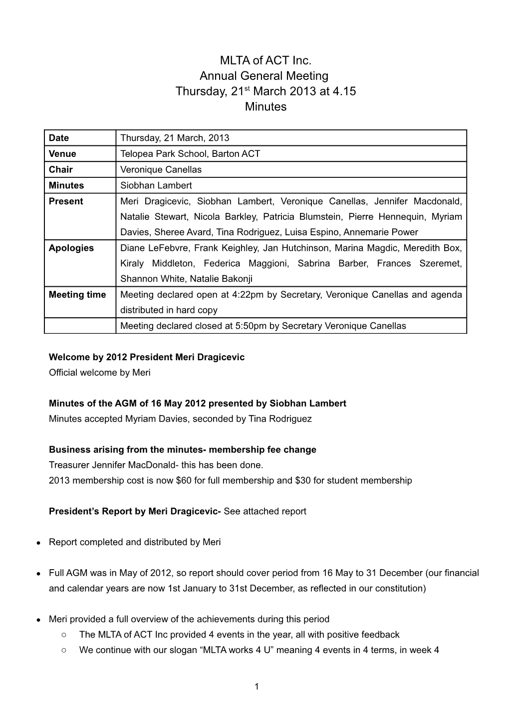 MLTA of the ACT Meeting Minutes