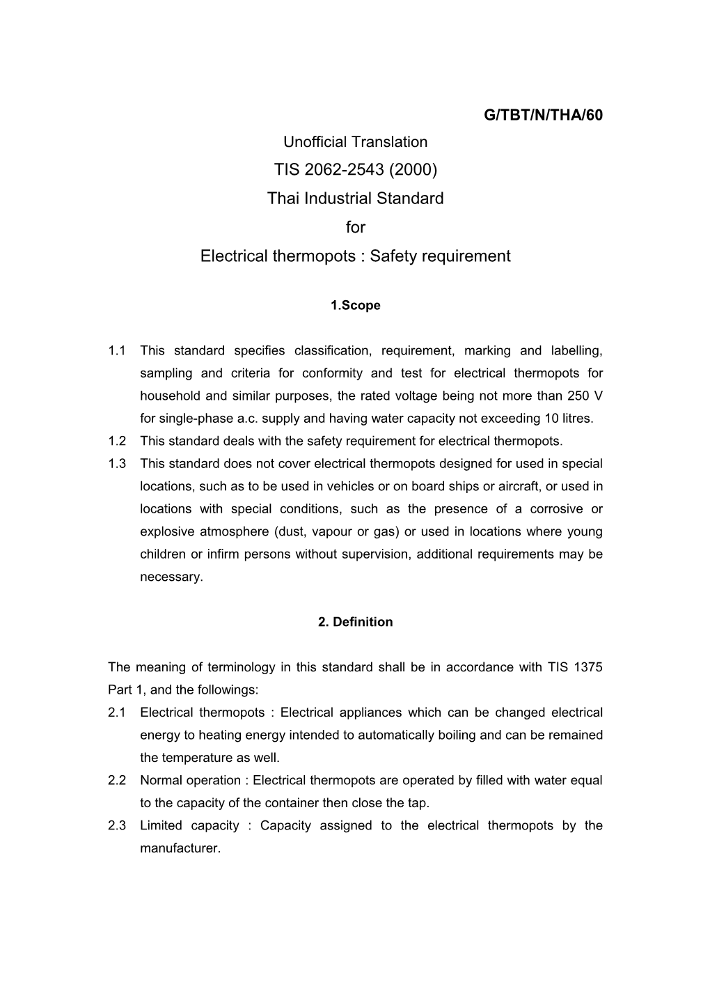 Electrical Thermopots : Safety Requirement