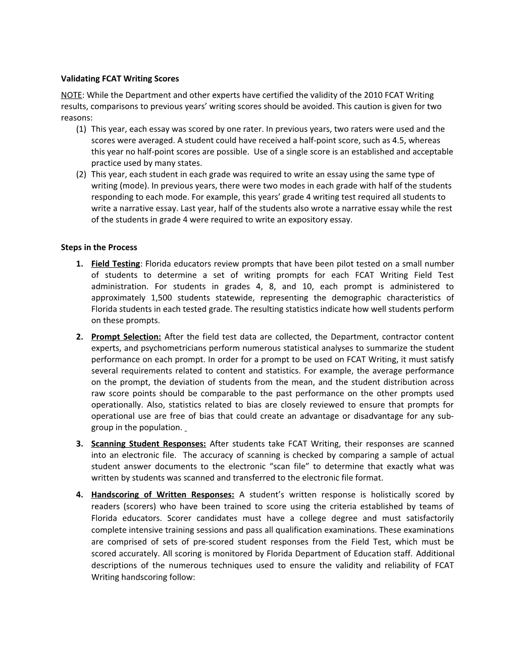 Validating FCAT Scores Steps in the Process