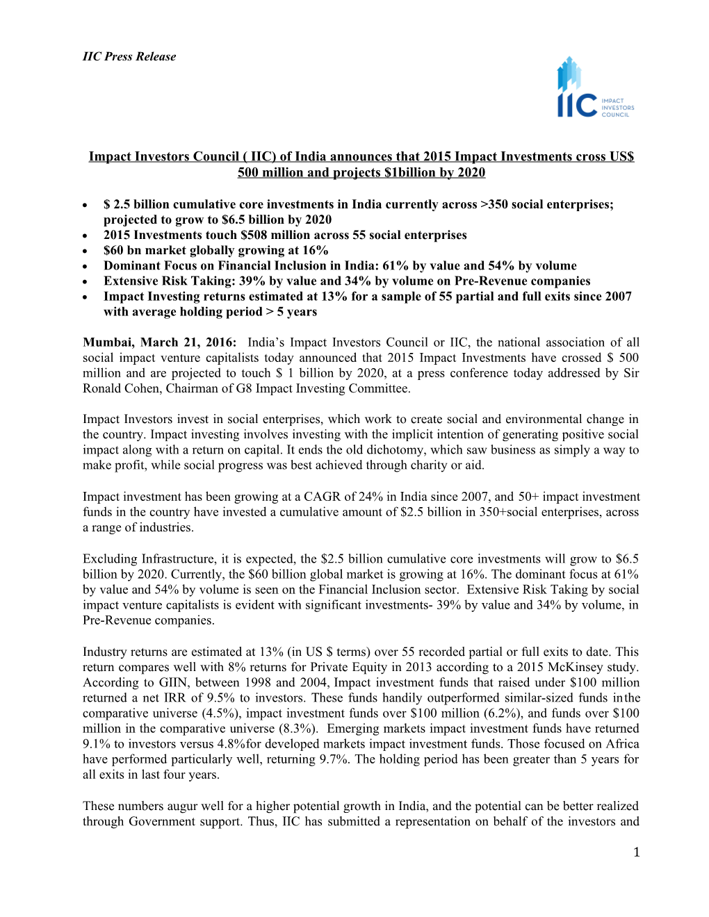 Impact Investors Council ( IIC) of India Announces That 2015 Impact Investments Cross