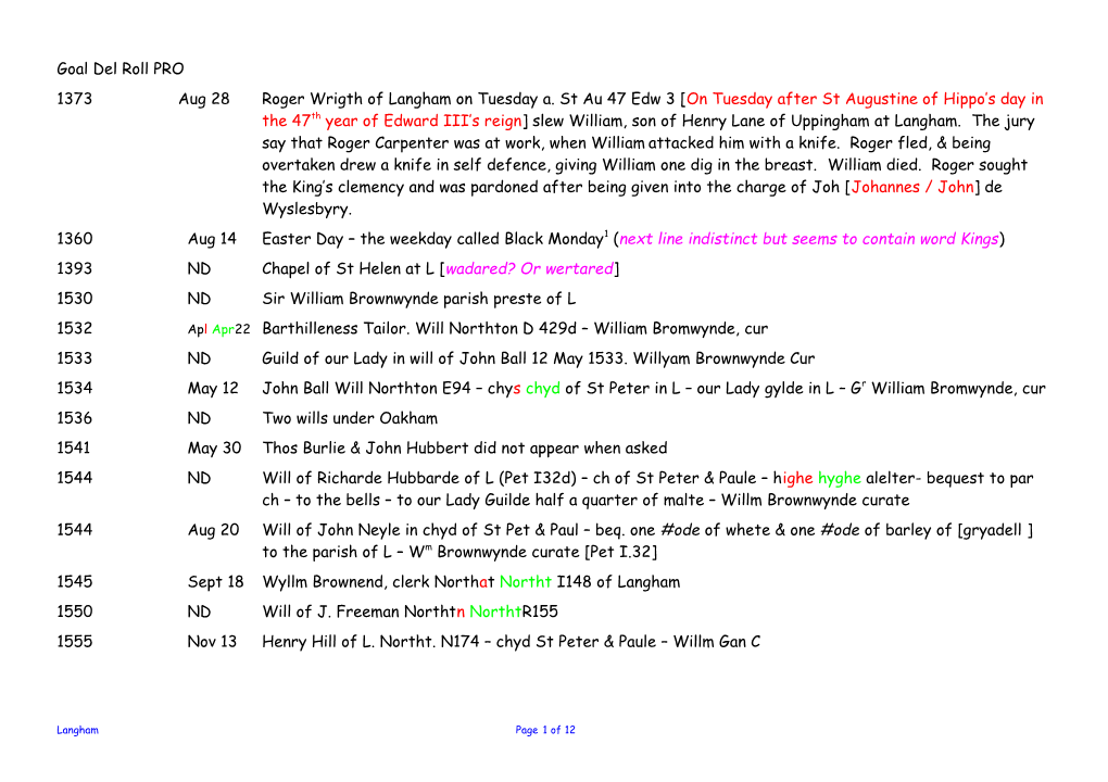 ARCHDEACON IRON S VISITATION NOTES See Appendix I for Colour Codes and Notes