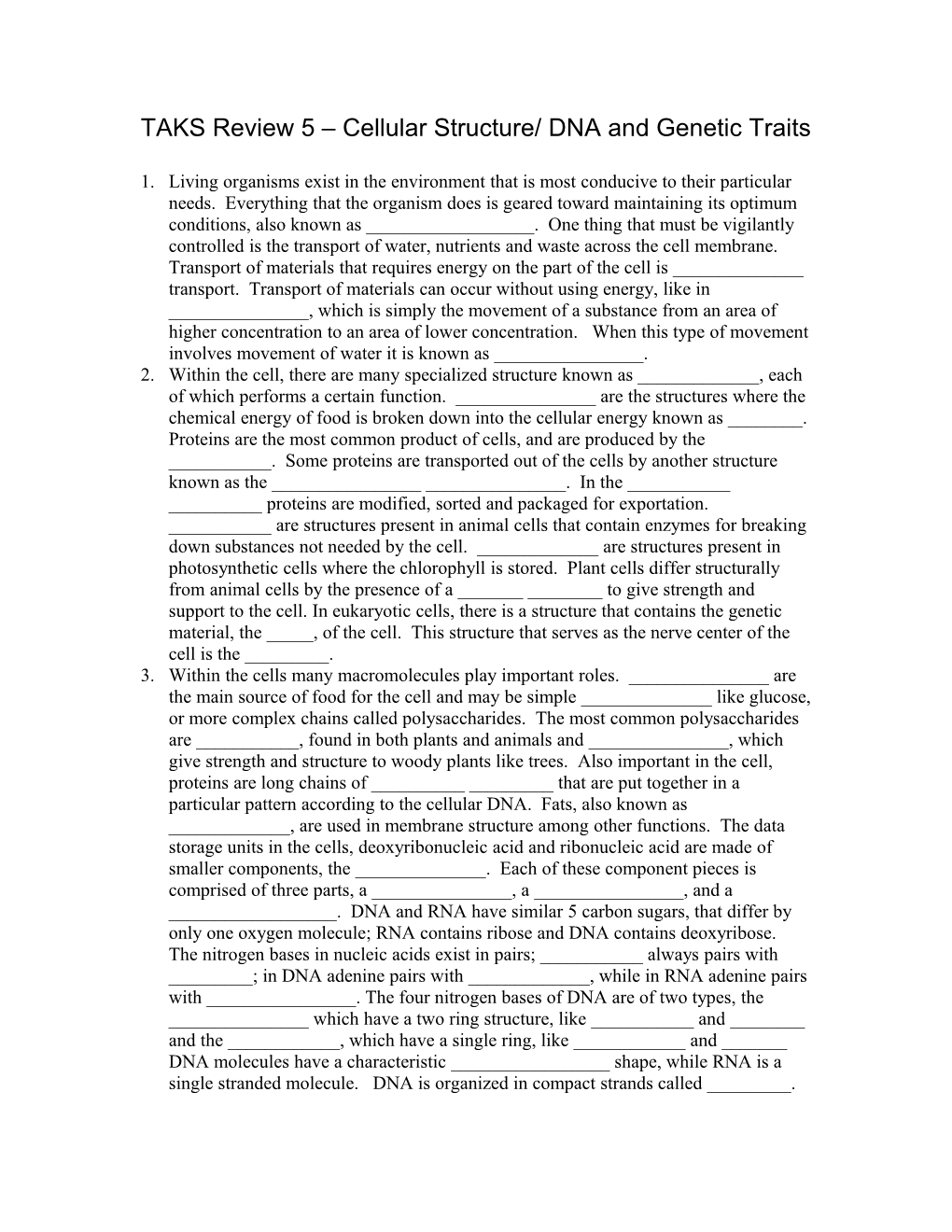 TAKS Review 4 Organization of Living Systems