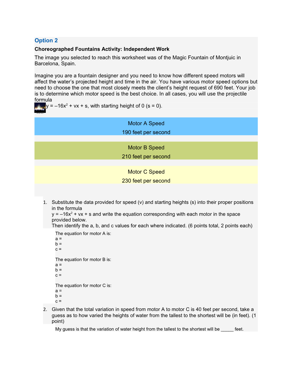 Choreographed Fountains Activity: Independent Work